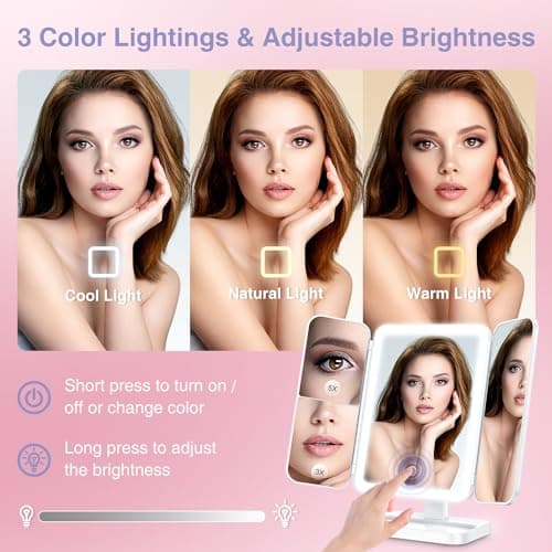 Axyra Makeup Mirror with 78 LED Lights, Rechargeable Tri-Fold Lighted Vanity Mirror, 3 Dimmable Color Lighting Modes, 1X 3X 5X Magnification, Touch Control, Lighted Makeup Mirror, Gift for Women 3
