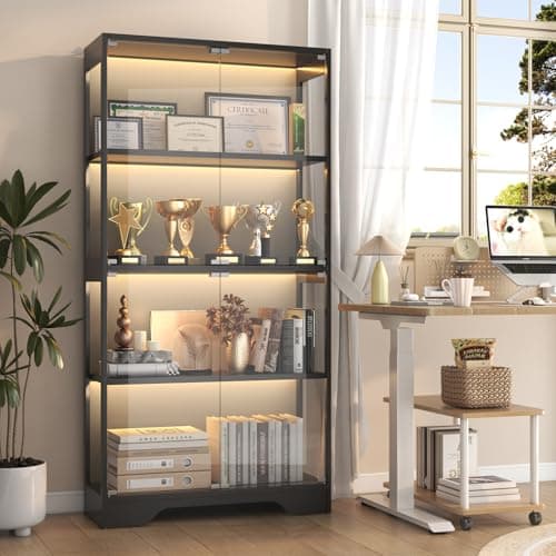 UNIQUITE Display Cabinet with Glass Doors, LED Curio Cabinet with RGB Human Body Sensor Light, 4-Tier Figure Display Case for Collectibles, Tall Bookcase with 4 Shelves, Storage Cabinets, Showcase 9