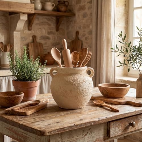 Qinyoung Rustic Kitchen Utensil Holder 6 Inch Small Ceramic Utensil Holder with Handle Vintage Crock Decoration Spatula Organizer for Kitchen Countertop Farmhouse Party Supplies(White,Elegant) 7