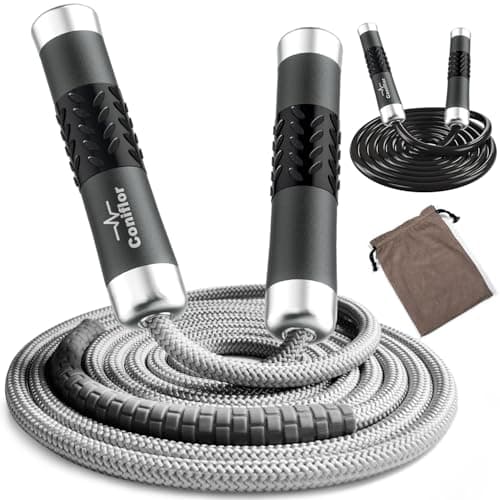 Coniflor Weighted Jump Rope, 1LB Tangle-Free Ball Bearing Rapid Speed Skipping Rope for Men Women, Adjustable 9mm Cotton & PVC Rope with Alum Handle for Boxing MMA Weight-Loss Athletic Workout Fitness