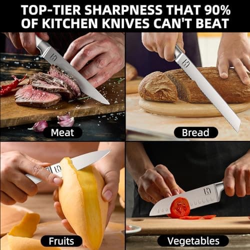 KnifeSaga Knife Set, Premium 15 Piece Japanese High Carbon Stainless Steel Knives Set for Kitchen with Block and Sharpener, Razor Sharp Kitchen Knife Block Sets with Ergonomic Full-tang Handle, White 9