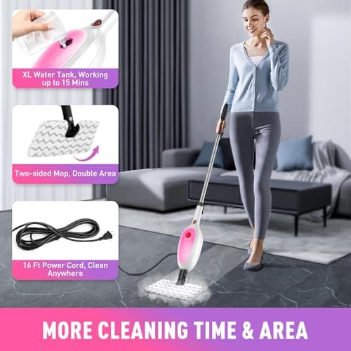 Steam Mop, Detachable Handheld Steam Cleaner with 10-in-1 Multipurpose Accessories, Two-sided Mop, Double Cleaning Area, Multi Surfaces Steamer for Wood Floor, Tile, Window, Clothes, Furniture & Grout 6