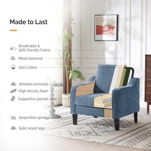 VINGLI Mid Century Modern Accent Chair,Navy Blue Chenille Chairs for Living Room Upholstered Armchair with Scooped Arms for Bedroom,Apartment,Studio,Office,Waiting Room 6