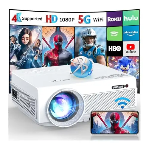 Projector with WiFi and Bluetooth, FUDONI 5G WiFi Native 1080P Outdoor Projector 15000L Support 4K, Portable Movie Projector with Screen and Max 300", for iOS/Android/Laptop/TV Stick/HDMI/USB/VGA/TF
