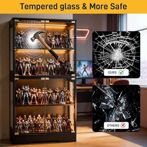 Ceruvia Tempered Glass Display Cabinet 5.5 FT with 3CCT Motion Sensor Light, 4-Tier Curio Case for Collectibles, Storage Woode Shelf with Glass Doors, Bookcase, Showcase, Black 6