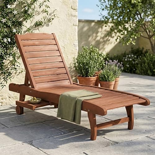 Outsunny Chaise Lounge Chair Outdoor Wooden Pool Lounge Chair with 3-Level Adjustable Backrest, Built-in Table and Rolling Wheels, Sun Tanning Chair for Beach Poolside Sunbathing, Brown Red 8