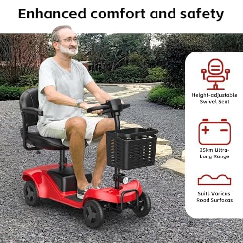Mobility Scooter for Adults,4 Wheel Mobility Scooter,15 Miles Range,300LBS Capacity,Lightweight and Portable,with LED Headlights and Basket,Charger Included,Gifts Suitable for Elders,red 7