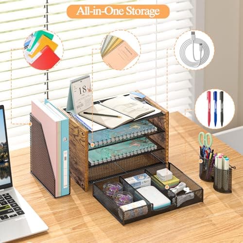 3IngSeagulls Wooden Desk Organizers and Accessories with File Holder, 4-Tier Paper File Organizer with Drawer & 2 Pen Holders, Office Desk Accessories, Desktop Organizer and Storage for Home Office 7