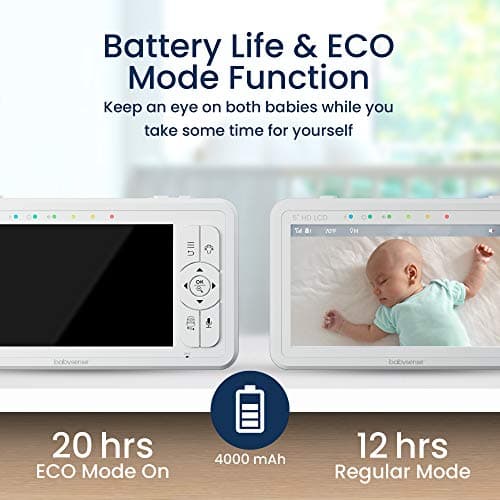 Babysense 5" HD Split-Screen Baby Monitor, Video Baby Monitor with 2 Cameras and Audio, Night Light, 1000ft Range, Two-Way Audio, 4X Zoom, Night Vision, 4000mAh Battery 7
