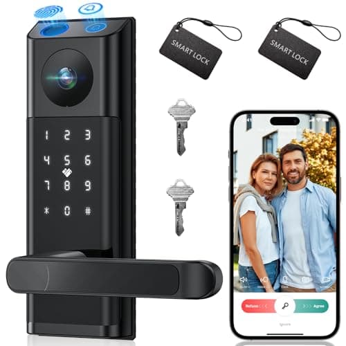 Video Smart Lock with Camera & Doorbell, 5-in-1 Keyless Entry Door Lock with Handle, Fingerprint+Keypad Code+App Remote Control+IC Card, Auto Lock, Wi-Fi Smart Deadbolt for Front Door, Apartment