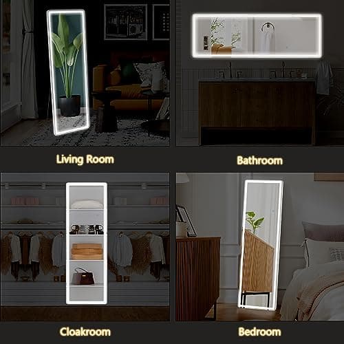 Sweetcrispy Full Length Mirror with LED Lights, 61"x17" Lighted Floor Mirror with Dimming & 3 Color Lighting, Stand for Bedroom, Dressing Room 5