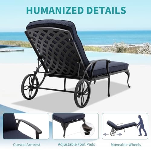 HOMEFUN Outdoor Chaise Lounge Chair with Cushion - Poolside Set of 1 Chair for Outside Cast Aluminum Waterproof Lounger with Wheels and Adjustable Reclining (Navy Cushion) 5