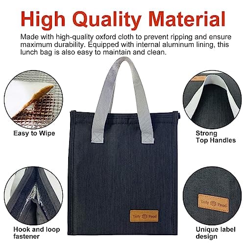 Mziart Minimalist Lunch Bag, Reusable Insulated Lunch Box for Women Men Leakproof Simple Bento Tote Adults Cooler Bag for Work Office Picnic or Travel (Black) 5