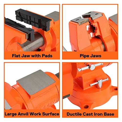 PONY Heavy Duty Bench Vise, 5-inch Jaw Width and Opening, 360-Degree Swivel Base With Anvil, Utility Combination Pipe Home Vise for Woodworking, One-Pair Vise Jaw Pad Included 6