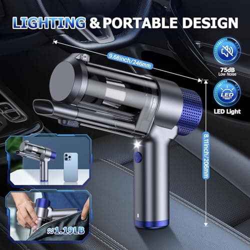 JONYJ Handheld Car Vacuum Cleaner Cordless, 16000PA Hand Held Vacuum Portable, 2 in 1 Air Duster and Mini Vacuum Cleaner Rechargeable with Led, Multi-Nozzles & Washable Filters for Home Office Car Pet 7