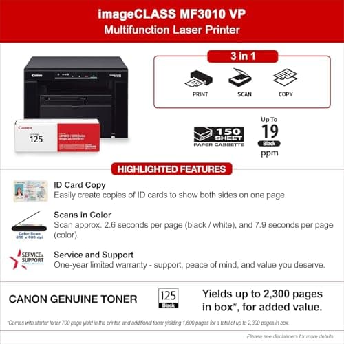 Canon imageCLASS MF3010 VP - Wired Monochrome Multifunction Laser Printer with Scanner, Copier, USB Cable Included, Up To 2,300 Page Toner Yield in Box, 19 PPM, Black 7
