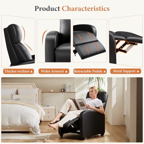 Sweetcrispy Recliner Chair PU Leather Recliner Sofa No Massage, Home Theater Seating with Lumbar Support, Adjustable Push Back Overstuffed High-Density Sponge Reclining for Living Room, Black 6