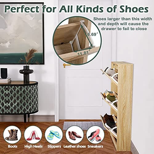 HOPUBUY Rattan Shoe Cabinet for Entryway, Narrow Shoe Storage Cabinet, Hidden Shoe Cabinet Wood 3 Tier Slim Shoe Rack for Home and Apartment, Nature 7