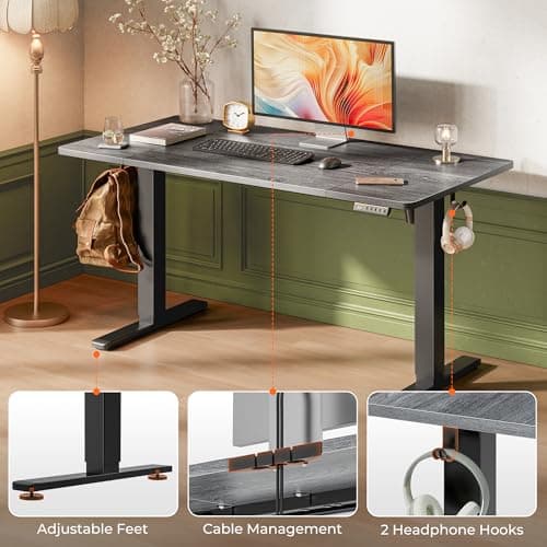 Huuger 55 x 28 Large Electric Standing Desk, Height Adjustable Desk, 27.6" Deep Desktop, Stand up Gaming Computer Office Desk with 2 Hooks, 3 Preset Heights, for Home Office, Grey 7
