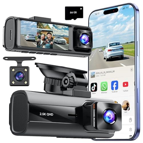 Dash Cam Front and Rear Inside,3 Channel Dash Camera for Cars,5GWiFi,2.5K Front + 1080P+1080P Rear & Inside,360 Car Camera with Night Vision,Loop Recording,G-Sensor,24H Parking Mode,Free 64GB Card