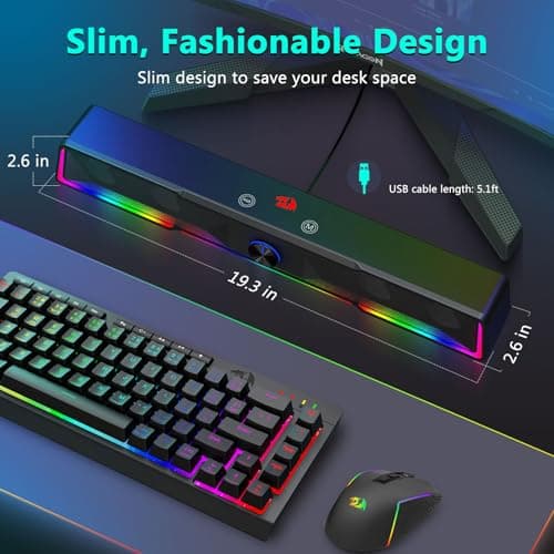 Redragon GS516 Computer Speaker, Bluetooth/USB Wired Dual Connection Soundbar - Clear Stereo Sound with Audio-Light Sync RGB Backlit, Volume Knob, USB Powered for PC/TV/Tablet, Black 7