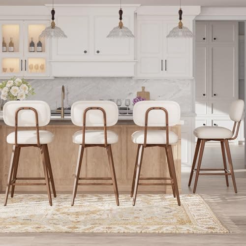 MALOL 26“ Swivel Bar Stools Set of 4, Mid Century PU Leather Counter Height Bar Chairs with Low Back and Metal Legs, Modern Bar Stool Chair for Kitchen Island, Beige