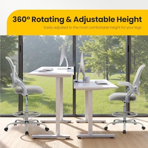 Sweetcrispy Tall Drafting Desk Chair - Ergonomic High Stool Computer with Adjustable Height and Comfy Lumbar Support, Office Rolling Counter with Flip-up Arm and Footrest, Grey 8