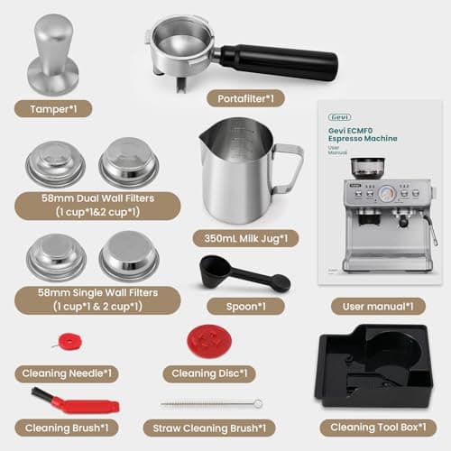 Gevi Dual Boiler Espresso Machine with Built-in Grinder, 58mm Commercial Portafilter, Barista Steam Wand, 31 Grind Settings, Stainless Steel, for Home Barista Use, Sterling Silver 8