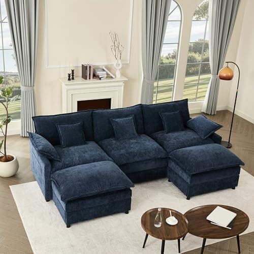 GOSUHI 108" U Shaped Couch, Modular Sectional Sofa, 3-Seater Comfy Cloud Couch, Set of Modular Pieces with Movable Ottoman, Deep Seat Couches for Living Room, Chenille, Navy