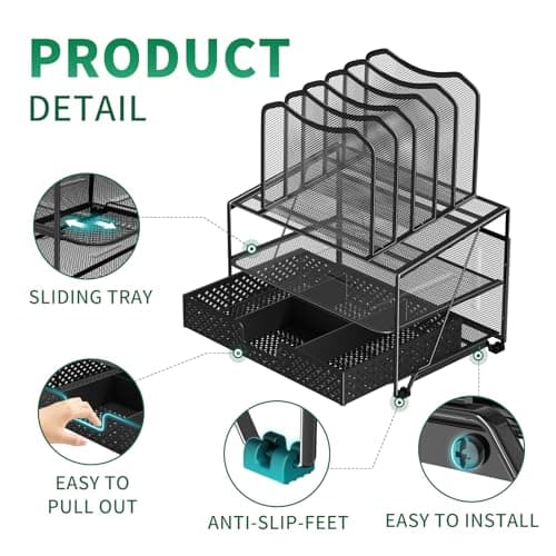 Simple Trending Mesh Desk Organizer with Sliding Drawer, Double Tray with 5 Sections File Bookshelf, Black 6