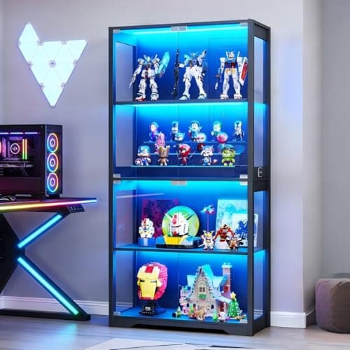 Aauro Home Display Cabinet with Glass Doors, Curio Cabinet with 3 LED Lights and Human Body Sensor, Bookcase with 4 Shelves Storage Cabinets, Black 7