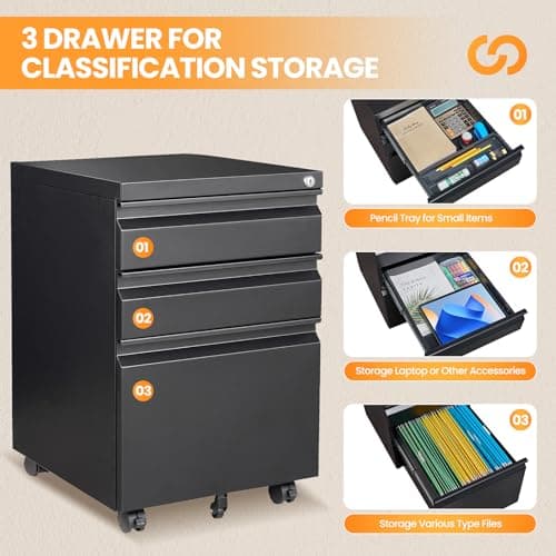 AFAIF 3 Drawer Mobile File Cabinet with Lock, Rolling Filing Cabinets for Home Office, Under Desk Small File Cabinet Three Drawers for Legal/Letter/A4 File, Black - Assembly Required 8
