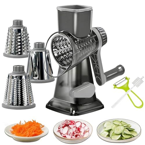 Dachenus Cheese Grater Rotary Cheese Grater,Versatile Cheese Shredder,Blades for Shredding, Grating, Slicing,Cheese Shredder with Suction Base and Cleaning Brush Kitchen Gift (gray)