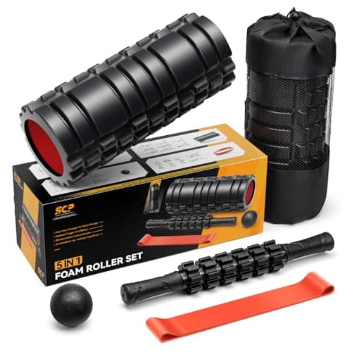 5 in1 Foam Roller Set, Trigger Point Foam Roller, Massage Roller Stick, Massage Ball, Resistance Band for Deep Muscle Massage Pilates Yoga,Fitness Exercise for Whole Body (Black-Red) 9