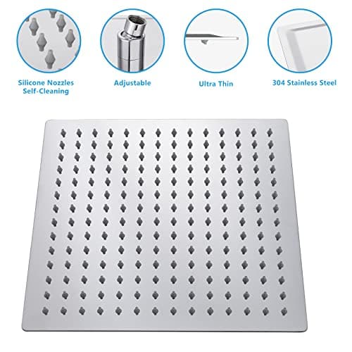 Lordear Rainfall Shower Head 10 Inch Solid Square Ultra Thin 304 Stainless Steel Polish Chrome Rain Setting Shower Heads,Waterfall Full Body Coverage with Silicone Nozzles 5