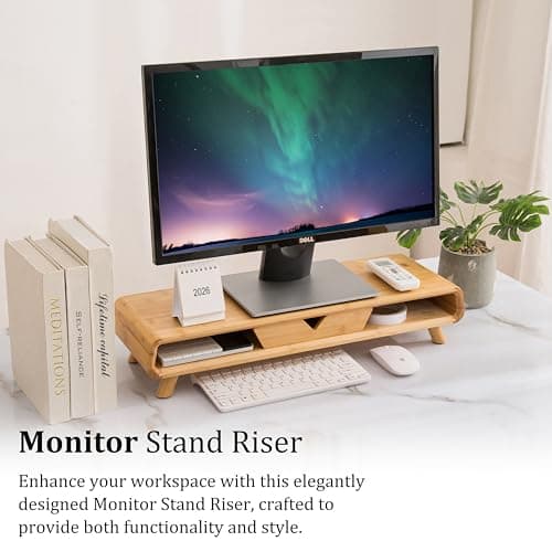 Homerays Bamboo Monitor Stand Riser, No Assembly Required Exquisite Monitor Stand with Drawer Ergonomic Height Wood Monitor Stand 5