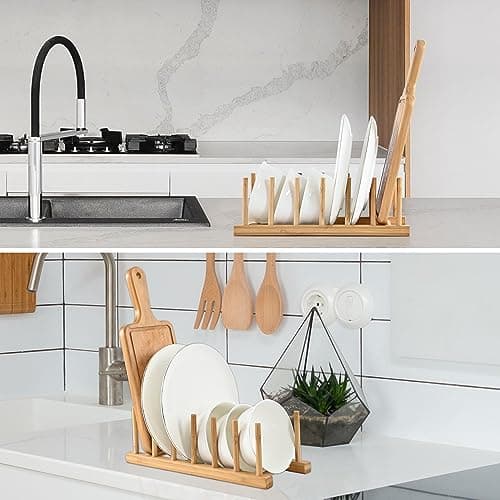 INNERNEED Bamboo Wooden Dish Rack, Vertical Plate & Lid Organizer for Kitchen Cabinet or Countertop, Drying Stand for Dishes, Cutting Boards 6