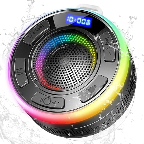 Bluetooth Shower Speaker, Portable Bluetooth Speakers IP7 Waterproof with Suction Cup and Time Display, Wireless Speaker with LED Lights,1100mAh, Stereo Pairing, Bathroom Beach for Kayak/Outdoor