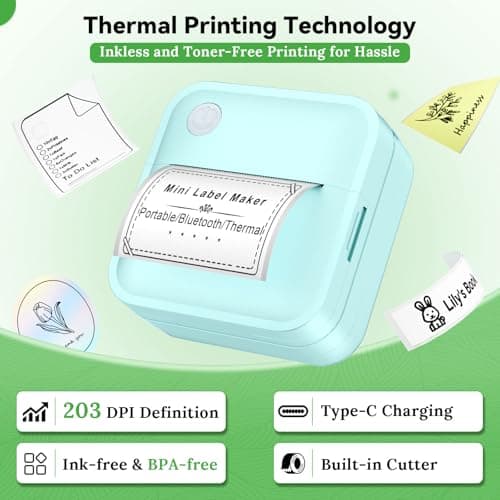 Miouca Label Maker Machine with Tape - Mini Sticker Printer Bluetooth Label Printer for Home Office Organization, Portable Thermal Sticker Maker Print Pod with Multiple Templates for Phone (Green) 6