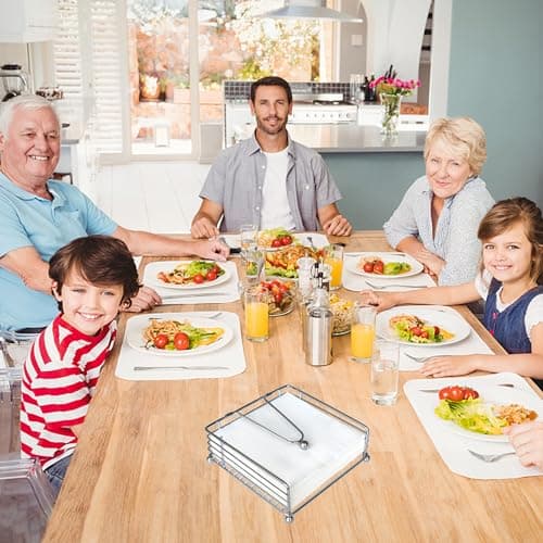 hiwafifi Napkin Holder for Table, Flat Napkin Dispenser with Weighted Arm, Square Cocktail Paper Holder of Elegant Rustic Iron for Kitchen Dining Room Decor Restaurant Farmhouse Hotel Party, Silver 9