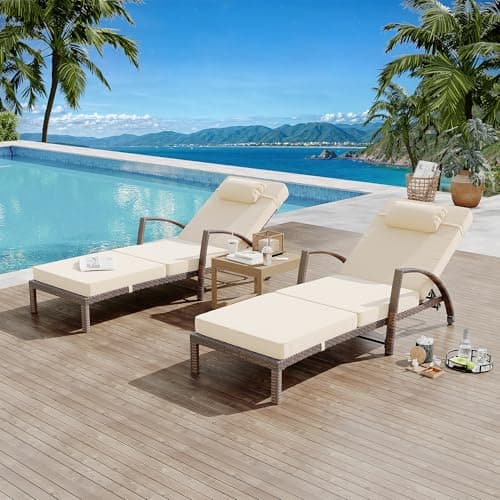 coucheta Outdoor Chaise Lounge Set of 2 Rattan Patio Folding Chaise Lounge Adjustable 5 Position Back Patio Pool Lounge Chair with Cushion Pillow for Poolside Backyard Deck Porch Khaki