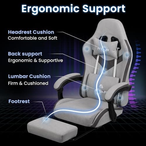 N-GEN GAMING Video Gaming Chair Office Computer Desk Use Ergonomic Reclining Backrest Adjustable Armrests Lumbar Support Footrest High Density Foam Breathable Fabric Heavy Duty Base (Grey) 5