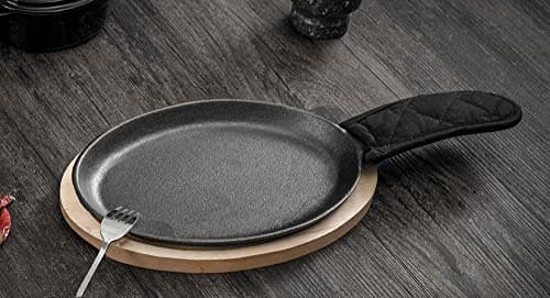 HAWOK Cast Iron Fajita Plate, 16.5''Lx7.09''W, with Bamboo Tray and Handle Holder, Pre-seasoned, Set of 4 8