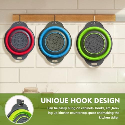 Silicone Colander Collapsible Strainers Set for Kitchen- 3 Pack (3Qt, 4Qt,5Qt) -Over Home Draining Basket, Food Vegetables & Fruits-Dishwasher Safe, BPA Free Space Saving Design (Green,Blue,Red) 7