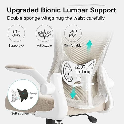 Hbada Office Chair Ergonomic Desk Chair, Office Desk Chairs with PU Silent Wheels, Breathable Mesh Computer Chair with Adjustable Lumbar Support, Flip-up Armrests, Tilt Function, Grey 5