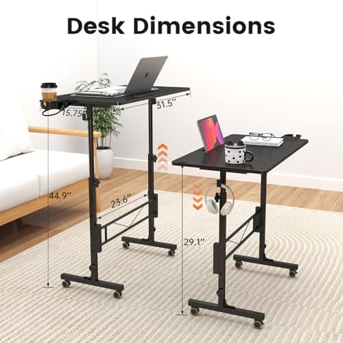 Hadulcet Small Standing Desk Adjustable Height, Mobile Stand Up Desk with Wheels, Portable Walking Pad Table Stand, Rolling Laptop Cart for Standing or Sitting, Black 4