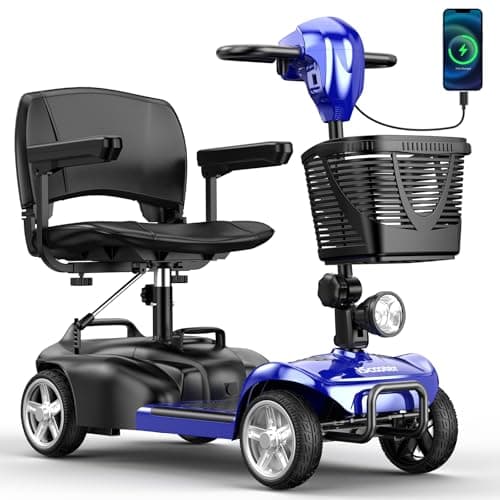 iScooter Mobility Scooter, Electric Wheelchair Device, 4 Wheel Mobility Scooter for Adults, with LED Headlight, Basket, Cup Holder, Detachable, Lightweight and Convenient, Blue
