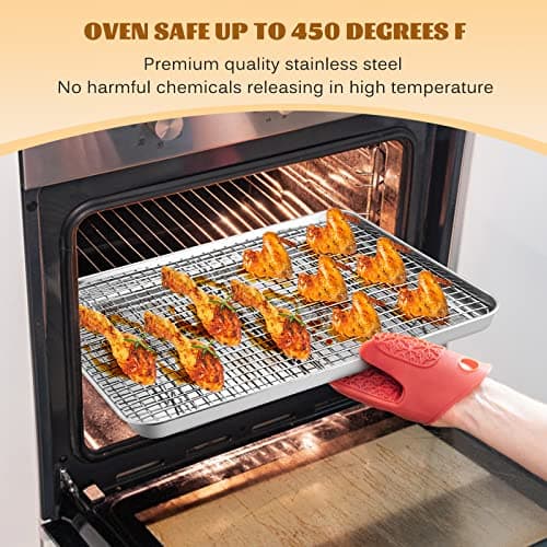 Stainless Steel Baking Sheet with Rack Set, E-far 16”x12” Cookie Sheet Pan for Oven, Rimmed Metal Tray with Wire Cooling Rack for Cooking Roasting Resting Bacon Meat Steak - Dishwasher Safe 5