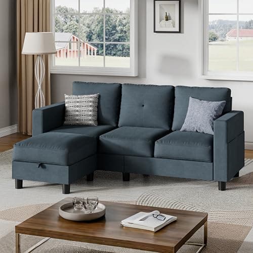 Shintenchi Small Sectional Couch with Ottoman, 3 Seat L Shaped Sofa, Fabric Upholstered Convertible Sofa Couches, Small Couch for Apartments, Living Room and Office(Dark Grey)