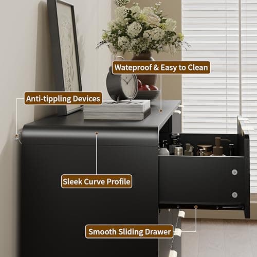 SINROM Black Dresser for Bedroom, 55" Fluted Dresser with Gold Handles, 6 Drawer Double Dressers, Modern Chest of Drawers for Bedroom, Closet 5